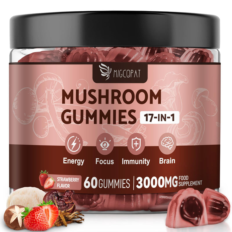 17-in-1 Mushroom Gummies High Strength 3000mg, Mushroom Complex Supplement with Lion’s Mane, Shiitake, Maitake, Reish, Black Pepper for Immune, Brain, Focus & Energy - 60 Vegan Gummies (Strawberry)
