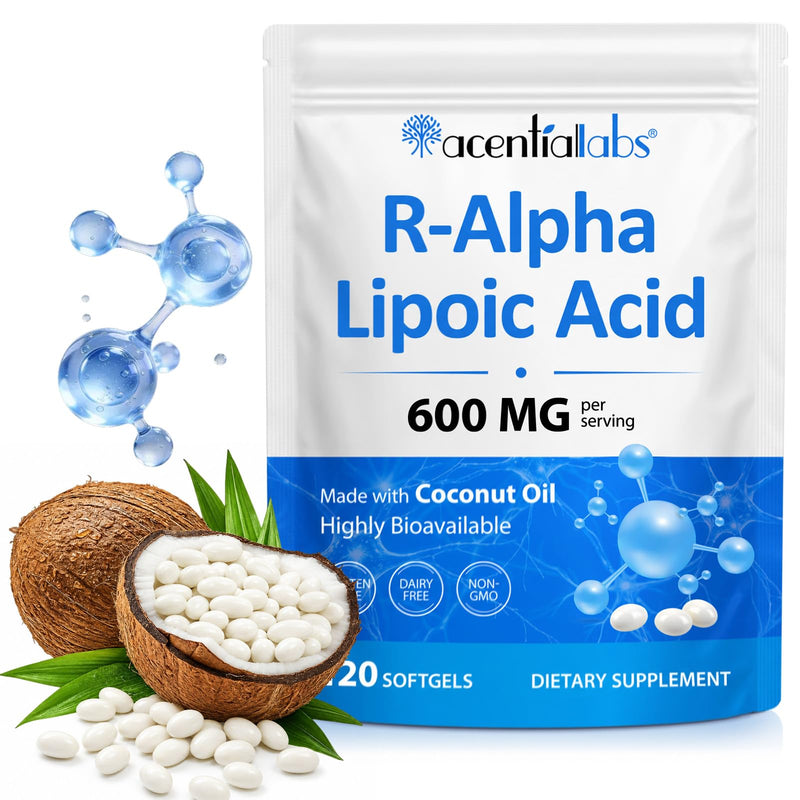 R-Alpha Lipoic Acid Softgels with Coconut Oil, 600mg Per Serving, Oil-Based Formula, Non-GMO, Gluten & Dairy Free, Lab Tested Food Supplement,120 Softgels