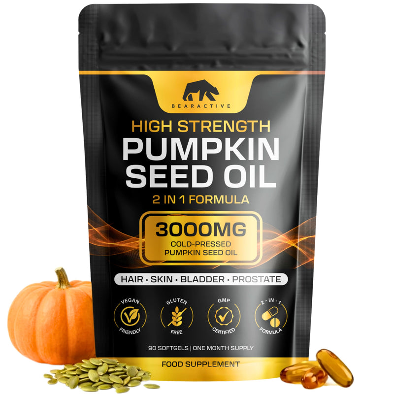 Pumpkin Seed Oil Capsules 2-in-1 Formula – 3000mg High Strength Cold Pressed Pumpkin Seed Oil – Omega 3 6 9 Capsules Supplement – Prostate & Bladder Support – 90 Softgels