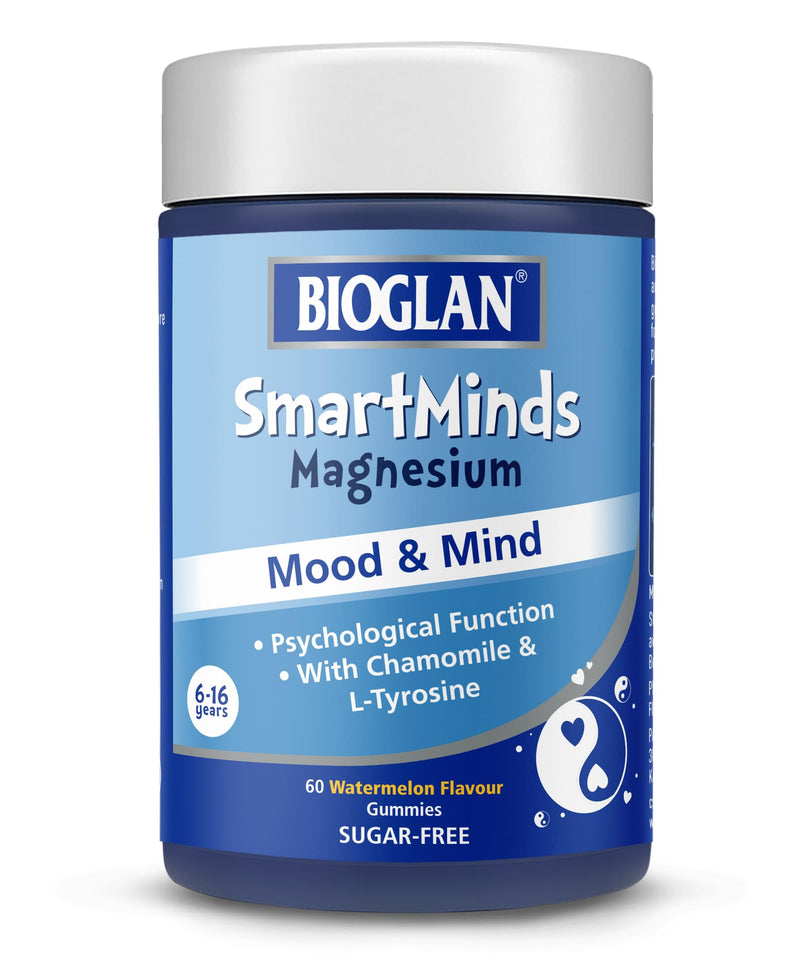 Bioglan SmartMinds Magnesium Mood & Mind Gummies for Kids, Sugar Free Watermelon, Magnesium, Chamomile, L-Tyrosine, Thiamin & Zinc, Children Age 6-16, 60 Gummies