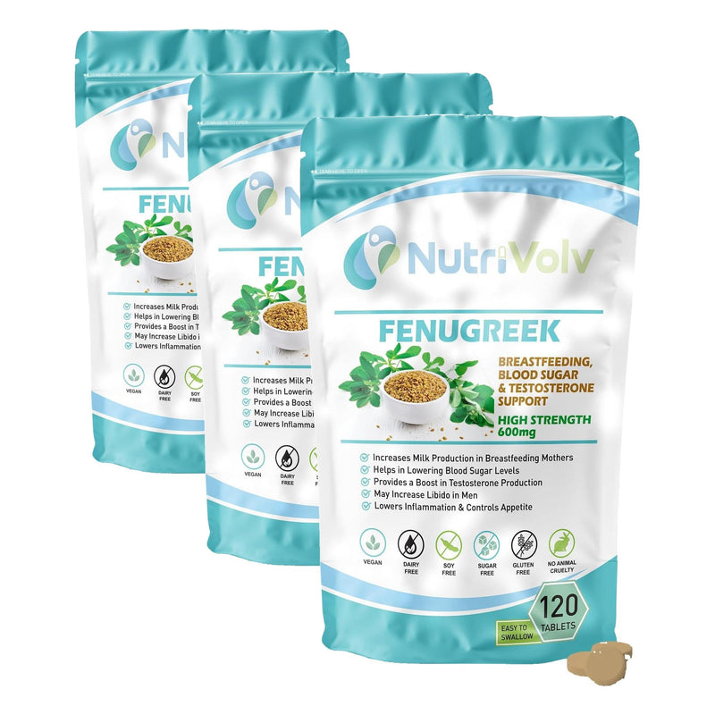 Fenugreek Supplement Tablet— High Strength Vegan 600mg Nutrition Pills for Testosterone Strength, Lactation Support & Blood Sugar Level Control — Easy to Swallow Pack of 360 Tablets 120 count (Pack of 3)