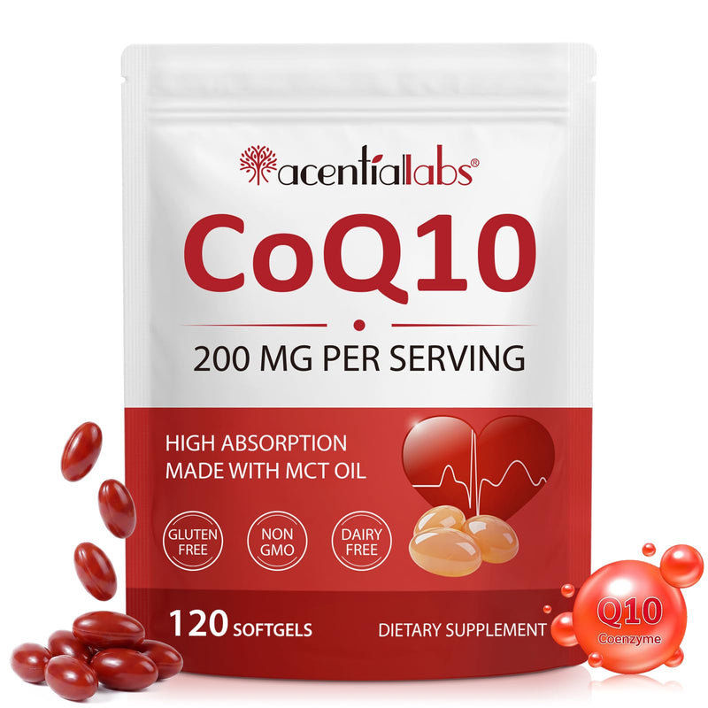 CoQ10 200mg Softgels with MCT Oil – High Absorption Coenzyme Q10 Supplement – Supports Cellular Energy, Heart Health & Daily Wellness – GMO Free & Gluten Free – 120 Softgels