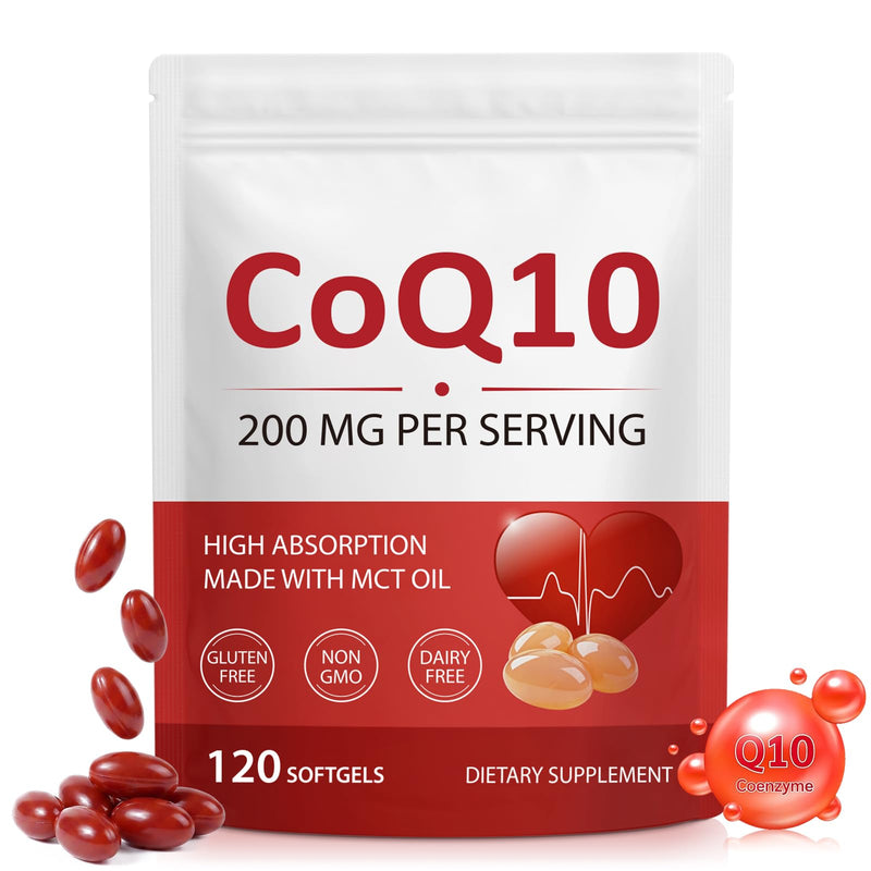 CoQ10 Supplement, 120 Softgels Coenzyme Q10 High Strength 200mg Fermented Coenzyme Q10 Ubiquinone 2-in-1 Formula Naturally Co Enzyme CQ10 with MCT Oil Non-GMO