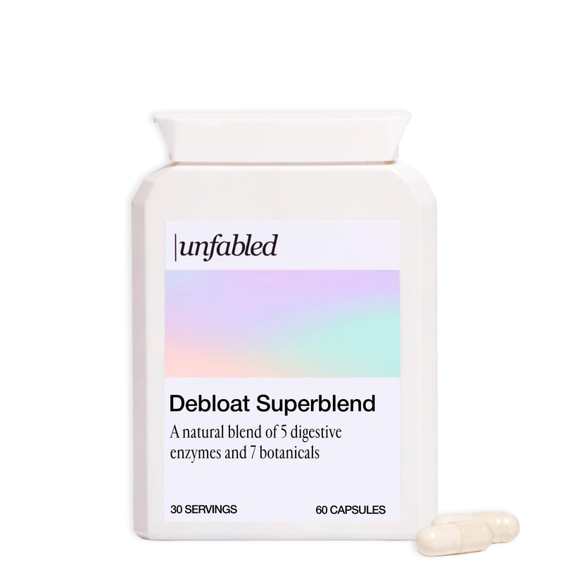 Unfabled Debloat Digestive Enzyme Capsules for Women, 60 Vegan Capsules, 5 Digestive Enzymes - Bromelain, Papain, Protease, Amylase & Lipase, 7 Natural Botanicals including Fennel & Ginger, Made in UK 60 count (Pack of 1)