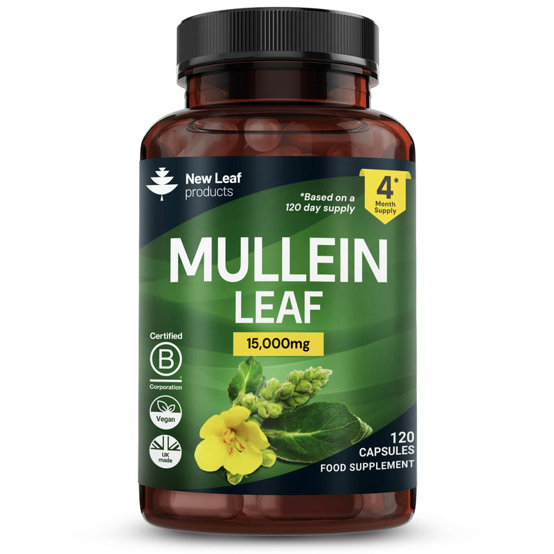 Mullein Leaf Extract for Lungs 15,000mg – High Strength 50:1 Concentrate, 4 Month Supply – 120 Vegan Mullein Leaf Capsules – UK Made by New Leaf