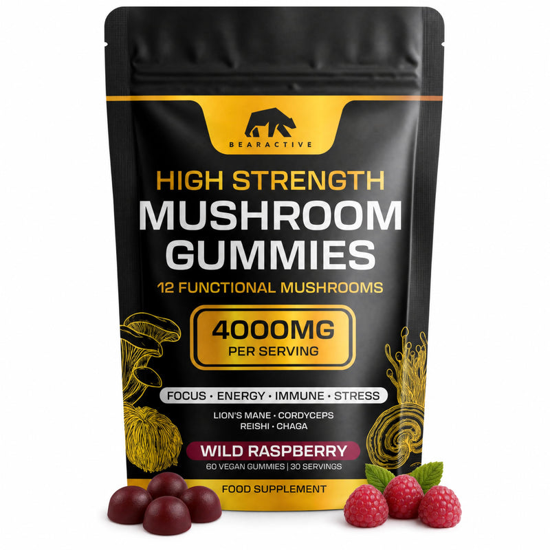 Mushroom Gummies 4000mg – 12 Functional Mushroom Complex with Lions Mane, Cordyceps, Reishi, Chaga, Maitake & Shiitake – Wild Raspberry Flavour – Vegan Food Supplement – 60 Gummies