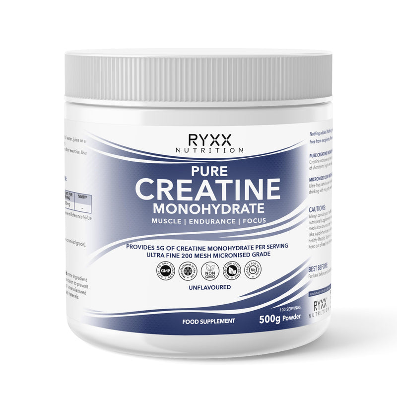 RYXX Pure Creatine Monohydrate 500g | 5g Per Serving | Micronised Unflavoured Creatine Powder for Strength Training, Gym & High Intensity Performance | 100 Servings