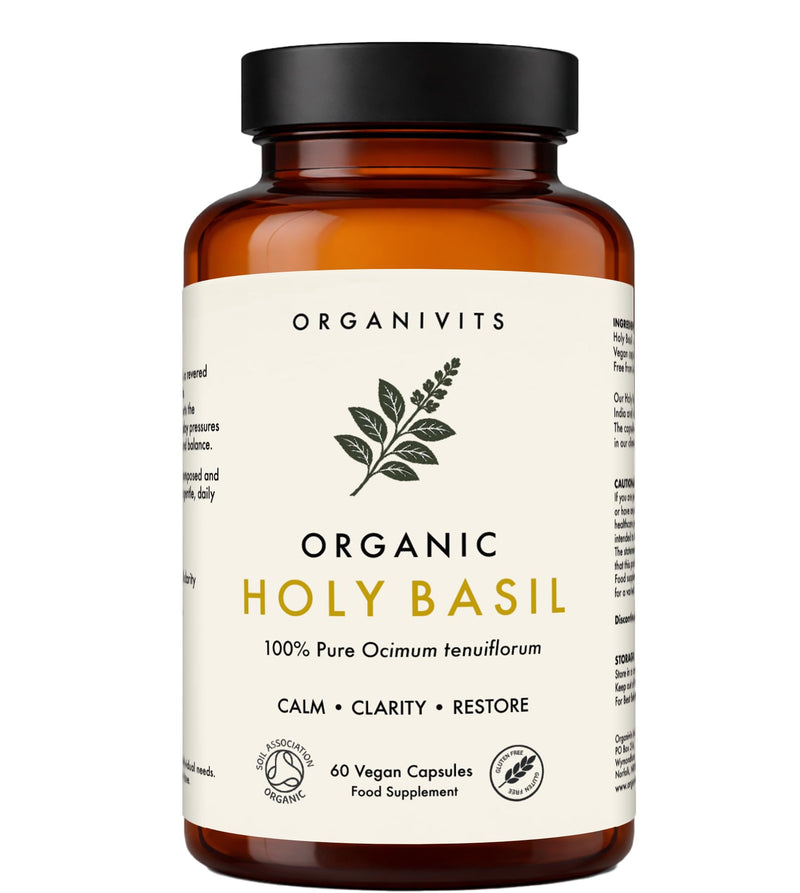 Organic Holy Basil Capsules | 500mg Organic Tulsi Leaf | Ocimum Tenuiflorum | Vegan Capsules | Adaptogenic Balance & Clarity | No Fillers or Flow Agents | Soil Association Certified