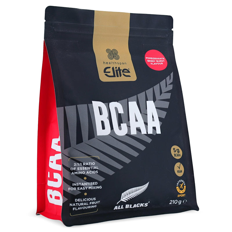 Healthspan Elite All Blacks BCAAs | Pomegranate Berry Burst Flavour | 5g BCAAs for Post-Workout Recovery| 2:1:1 Ratio Backed by Science | L-Leucine, L-Isoleucine, and L-Valine