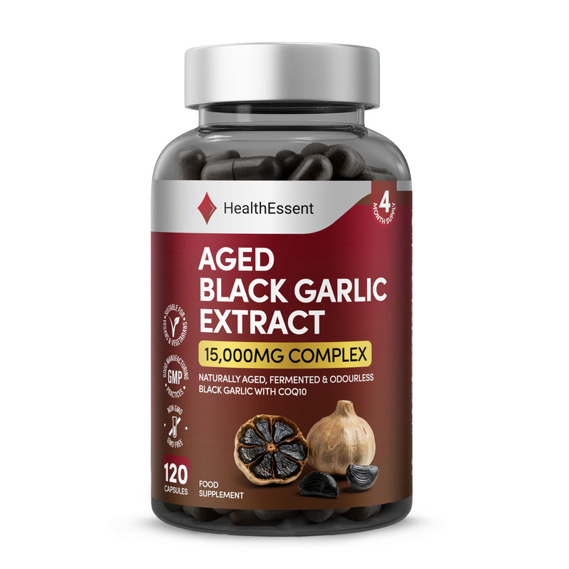 HealthEssent Aged Black Garlic 15,000mg Blood Pressure Support with CoQ10 | 120 Capsules, 4 Month Supply | Odourless Fermented Aged Garlic Extract | 100:1 Dual Complex | Vegan, Non-GMO, GMP Quality