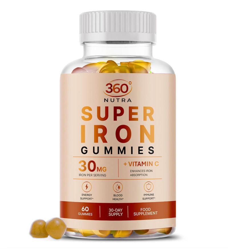 High Strength Iron Gummies 30mg with Vitamin C, Vitamin B12 & Folic Acid | Vegan Iron Supplement | Energy Support | 60 Gummies | 30 Day Supply