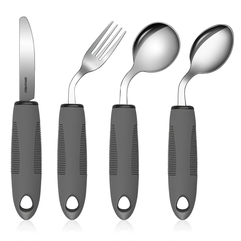 4-Piece Easy Grip Cutlery 42° Angle Cutlery with Thick Handle Disabled Dining Aids Non-Slip Handles Spoon Knife Fork Cutlery for Hand Tremors Arthritis Parkinson's