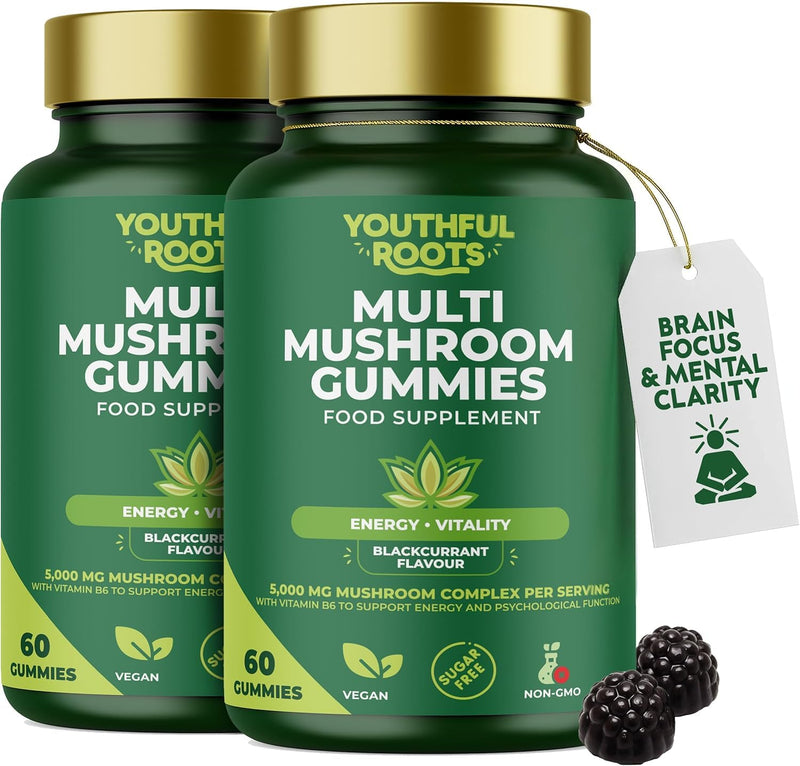 6-in-1 Multi Mushroom Gummies with Vitamin B6 - Focus, Energy & Vitality - Vegan & Sugar-Free - 60 Gummies - for Kids and Adults - Pack of 2 120 count (Pack of 2)