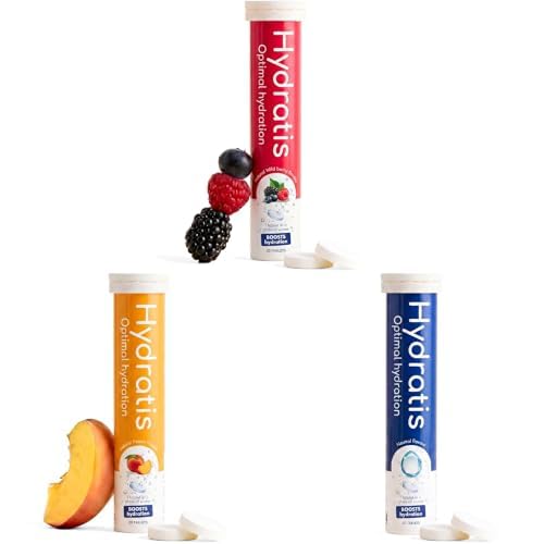 HYDRATIS Electrolyte Variety Pack | Wild Berry, Peach & Neutral | Low Sugar Effervescent Tablets for Sport & Recovery | High in Minerals (Magnesium, Zinc) | Pack of 3 Tubes (60 Tabs)