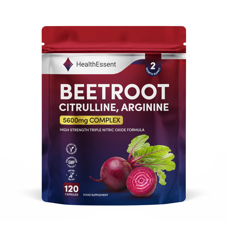 HealthEssent Beetroot Capsules 5600mg High Strength Nitric Oxide Booster | Triple Complex with 5000mg Beetroot, 400mg L-Citrulline, 150mg L-Arginine, Vitamin C & Black Pepper | 120 Vegan Capsules