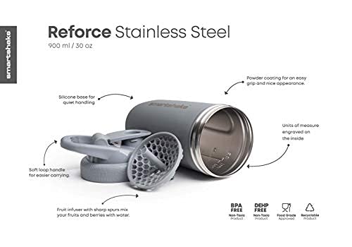 [Australia] - Smartshake Protein Shake Bottles – Reforce Stainless Steel 900ml Shaker Cups for Protein Shakes Workout Bottle Smart Metal Shakers Mixer Cup, Grey Gray 