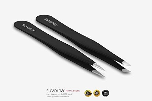 [Australia] - Suvorna 4" Precision Aligned Professional Tweezers Color Sets with Premium Stainless Steel. One Sharp Pointed Pair and One Slant Tip Pair for Eyebrow Shaping. Great for Ingrown Hair (Black) Black 