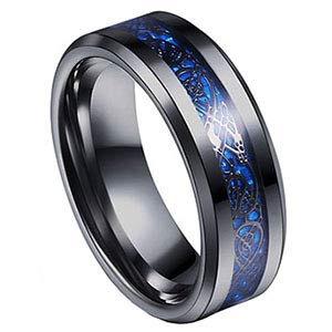 [Australia] - Tanyoyo 8mm Blue Black Dragon Pattern Beveled Edges Celtic Rings Jewelry Wedding Band For Men 7-14 