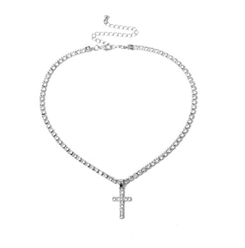 [Australia] - Crystal Cross Pendant Necklace Boho Rhinestone Crucifix Necklace Chain Jewelry for Women Girls (Silver) Silver 