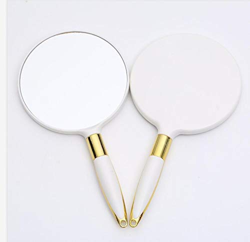 [Australia] - Round White Cosmetic Mirror with Golden Decoroted Handle for Girls - D4.7 x L9.5 Inch Women Single Side Make-up Handheld Mirror 
