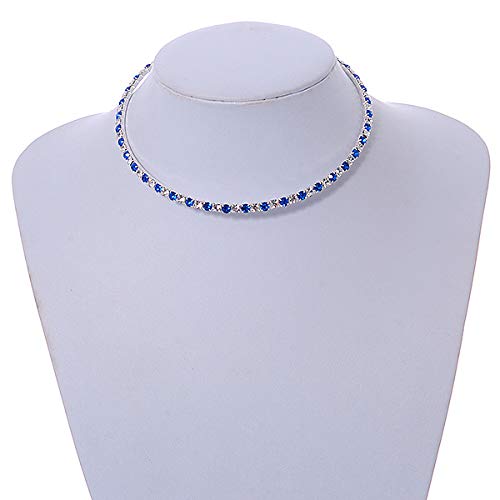 [Australia] - Avalaya Thin Blue/Clear Crystal Flex Choker Necklace in Silver Tone - Adjustable 