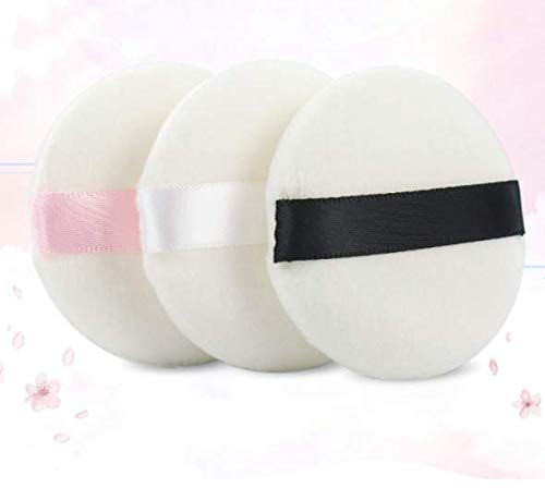 [Australia] - LASSUM 3 Pieces Round Super Soft Velour Powder Puff 2.16 Inch Facial Puff With Ribbon (Color Random) 