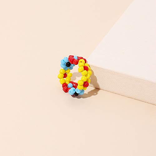 [Australia] - Caiyao 4-6Pcs Handmade Colorful Beaded Flower Stretch Ring Multicolor Seed Daisy Multiple Wildflowers Adjustable Size Elastic Plant Ring for Women Girls Vacation Holiday Tour Jewelry A 6 Pcs 