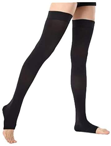 [Australia] - TOFLY® Thigh High Compression Stocking for Women & Men (Pair), Open Toe, Opaque, Firm Support 15-20mmHg Graduated Compression with Silicone Band, Varicose Veins, Swelling, Edema, DVT Black XL X-Large 15-20mmhg Open-toe Black 