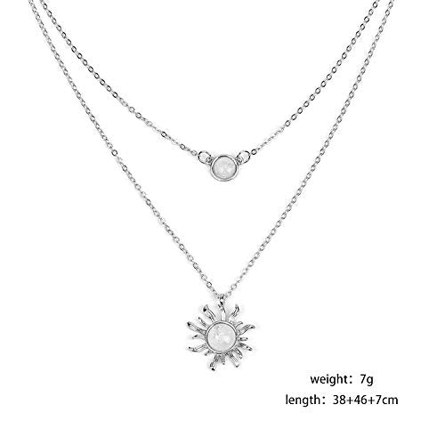 [Australia] - HUNO Double Chains Moon and Sun Layered Choker Necklace Sunflower Opal Pendant Necklace Gift for Women Silver Sun 