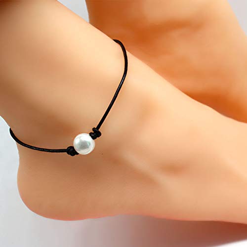 [Australia] - BELUCKIN Black Leather Single Pearl Anklets Bracelet Foot Chain Summer Style Jewelry for Women Girls 