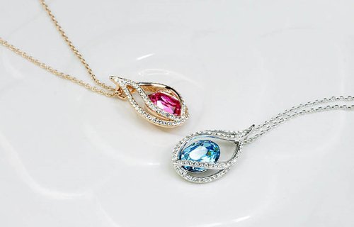 [Australia] - Rigant White Gold Plated Oval Shaped Swarovski Elements Crystal Hollow Style Teardrop Pendant Necklace Fashion Jewelry Clear and Hot Pink Multi 