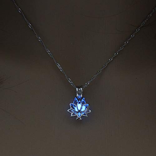 [Australia] - Luminous Lotus Pendant Necklace, Hollow Flower Lockets Necklace Blue 