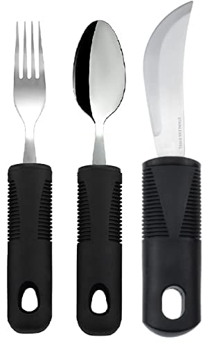 [Australia] - Extra Wide Handles Easy Grip Cutlery Set, Corfort Grips Disability Ideal Dining aid (Black 3PCS Curved) Black 3PCS Curved 
