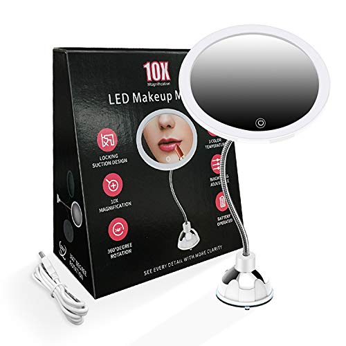 [Australia] - XINBAOHONG LED Lighted Makeup Mirror 10X Magnifying Vanity Mirror with 360 Degree Swivel Rotation Flexible Gooseneck and Locking Suction Cup … 