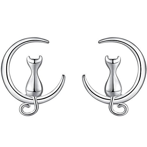 [Australia] - findout Women Cat Necklace 925 Sterling Silver Cat Love You To The Moon Pendant Necklace And Earrings With Curb Chain 18in For Women Girls (f1826) 