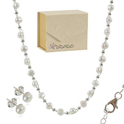 [Australia] - Entwined Cultured Pearl and Sterling Silver Beads 17.7" Chain Necklace or 7.3" Bracelet with Bonus Sterling Pearl Studs White Pearls Necklace 
