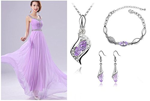[Australia] - Graces Dawn Beautiful Cubic Zirconia with Platinum Plated Chain Necklace Angel Elf Pendant Mosaic Crystal Necklace Bracelet and Earrings Set Necklace 18" (Light Purple) 