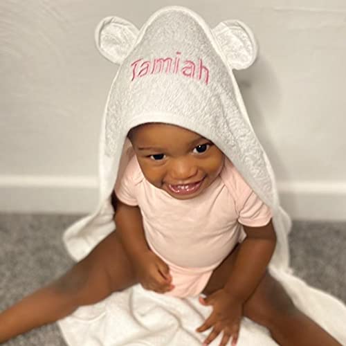 [Australia] - Personalised Baby Hooded Towel Newborn - White Newborn Baby Towel with Teddy Ears by Hoolaroo | Newborn Baby Gift Towels with Hood Large Soft New Baby Gift Girl Boy Pink or Blue Cotton 