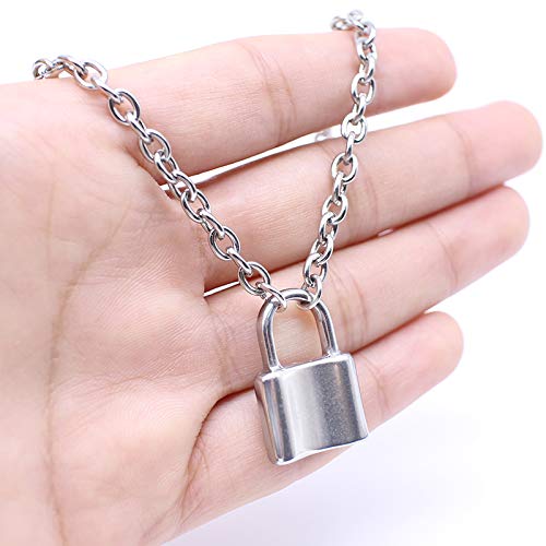 [Australia] - 7th Moon Lock Pendant Necklace Statement Long Chain Punk Multilayer Choker Necklace for Women Girls (Silver) 