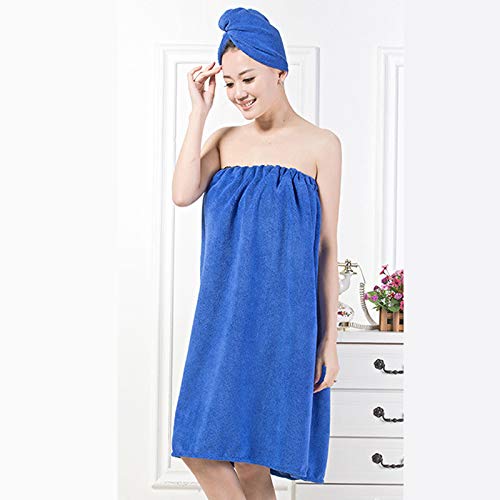 [Australia] - Queena Women Microfiber Bath Towel Wrap & Hair Turban Adjustable Spa Shower Cover Up Sapphire Blue 