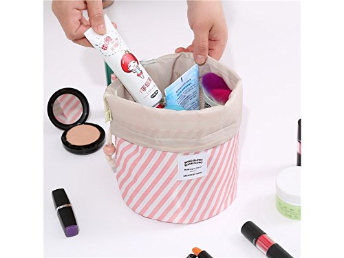 [Australia] - Travel Multifunction Cosmetic Bag High Capacity Barrel Toiletry Storage Bag (Pink Stripes) for Storage 