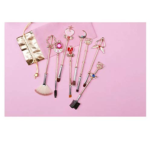 [Australia] - 8pcs Sailor Moon Gold Makeup Brush Set With Pink Pouch,Magical Girl Cute Cosmetic Makeup Brushes For Eyebrow Face Powder Foundation Blending Blush Concealer With Cute Pink Bag 