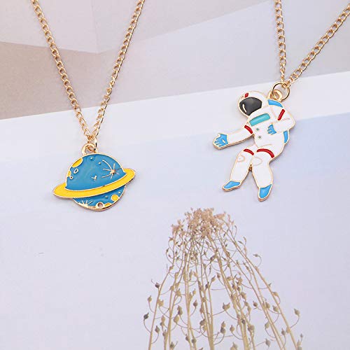 [Australia] - 4PCS One Set Blue White Astronaut Spaceman 18K Gold Plated Round Universe Rocket Charm Pendant Necklace 