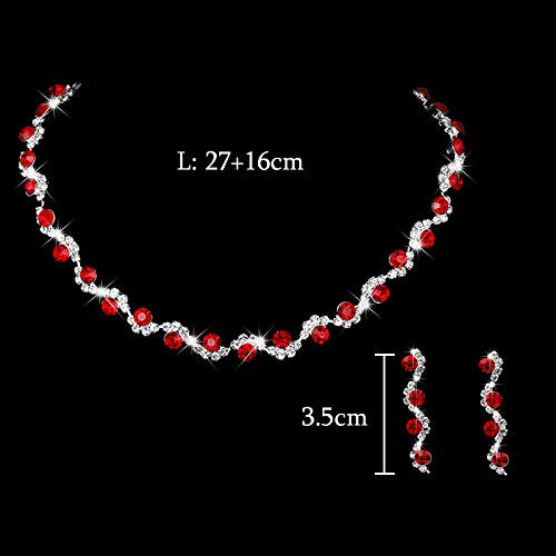 [Australia] - Unicra Bride Silver Necklace Earrings Set Crystal Bridal Wedding Jewelry Set Rhinestone Choker Necklace for Women and Girls (Red) Red 