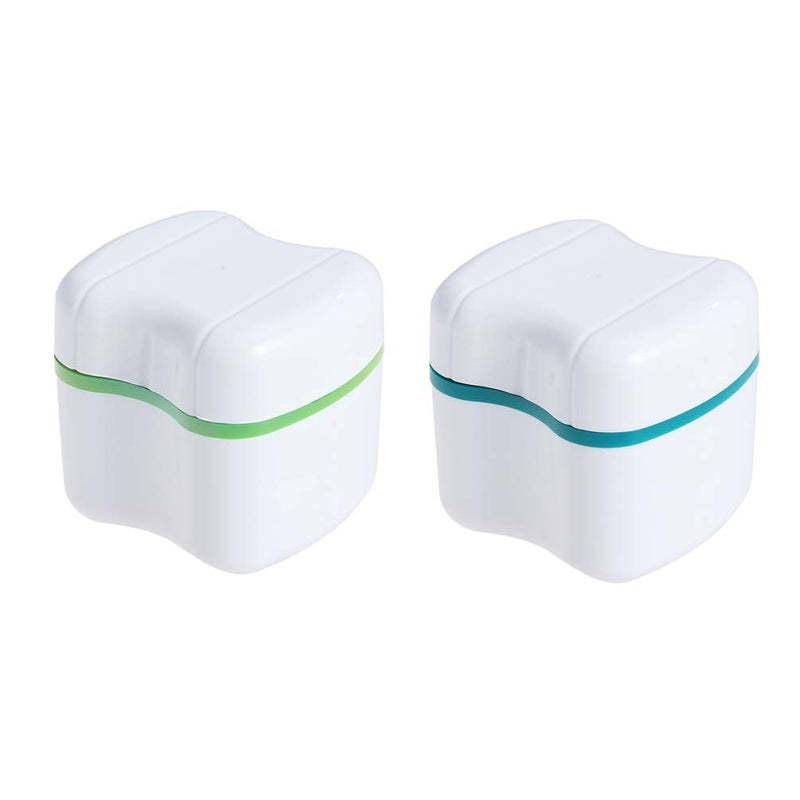 [Australia] - HEALLILY 2Pcs Denture Case Denture Cup with Strainer Retainer Case Denture Bath False Teeth Box Container for Home Travel (Green+Lake Green) Picture 1 