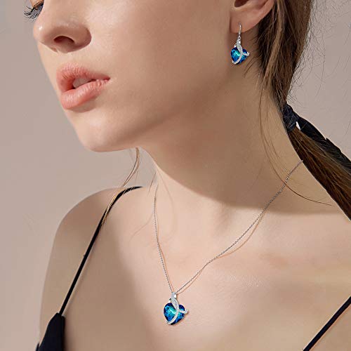 [Australia] - EleQueen 925 Sterling Silver CZ Courageous Heart Inspired Pendant Necklace Hook Earrings Set Made with Crystals Bermuda Blue 