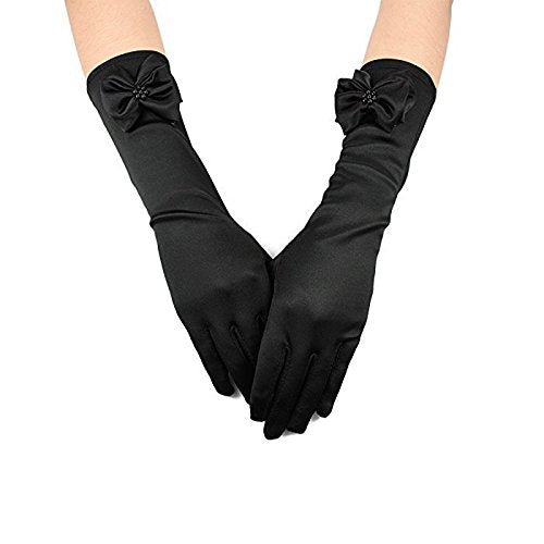 [Australia] - RUNHENG Kids Stretchy Satin Long Finger Dress Bowknot Gloves, 11.4 Inch Black 