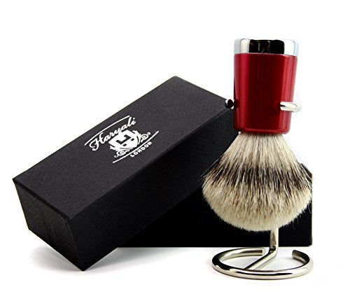 [Australia] - Mens Sliver Tip Badger Hair Shaving Brush with Shiny Red Base & Stainless Steel Brush Stand/Holder 