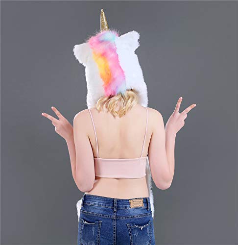 [Australia] - Faux Fur Unicorn Hat Scarf Gloves Light Up Mittens 3-in-3 Function Furry Hoodie Flashing Control LED light 