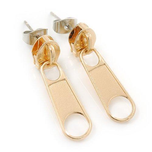 [Australia] - Small Gold Tone Metal Zipper Stud Earrings - 25mm Length 